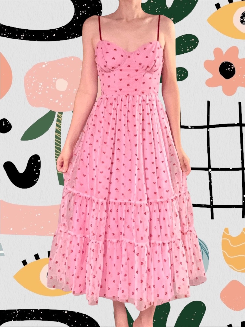 NWT✨ | Betsey Johnson | Pink Red Glitter Heart Print Tulle Midi Dress